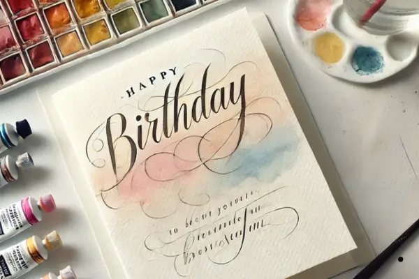 Cartões de Aniversário com Caligrafia Minimalista e Aquarela